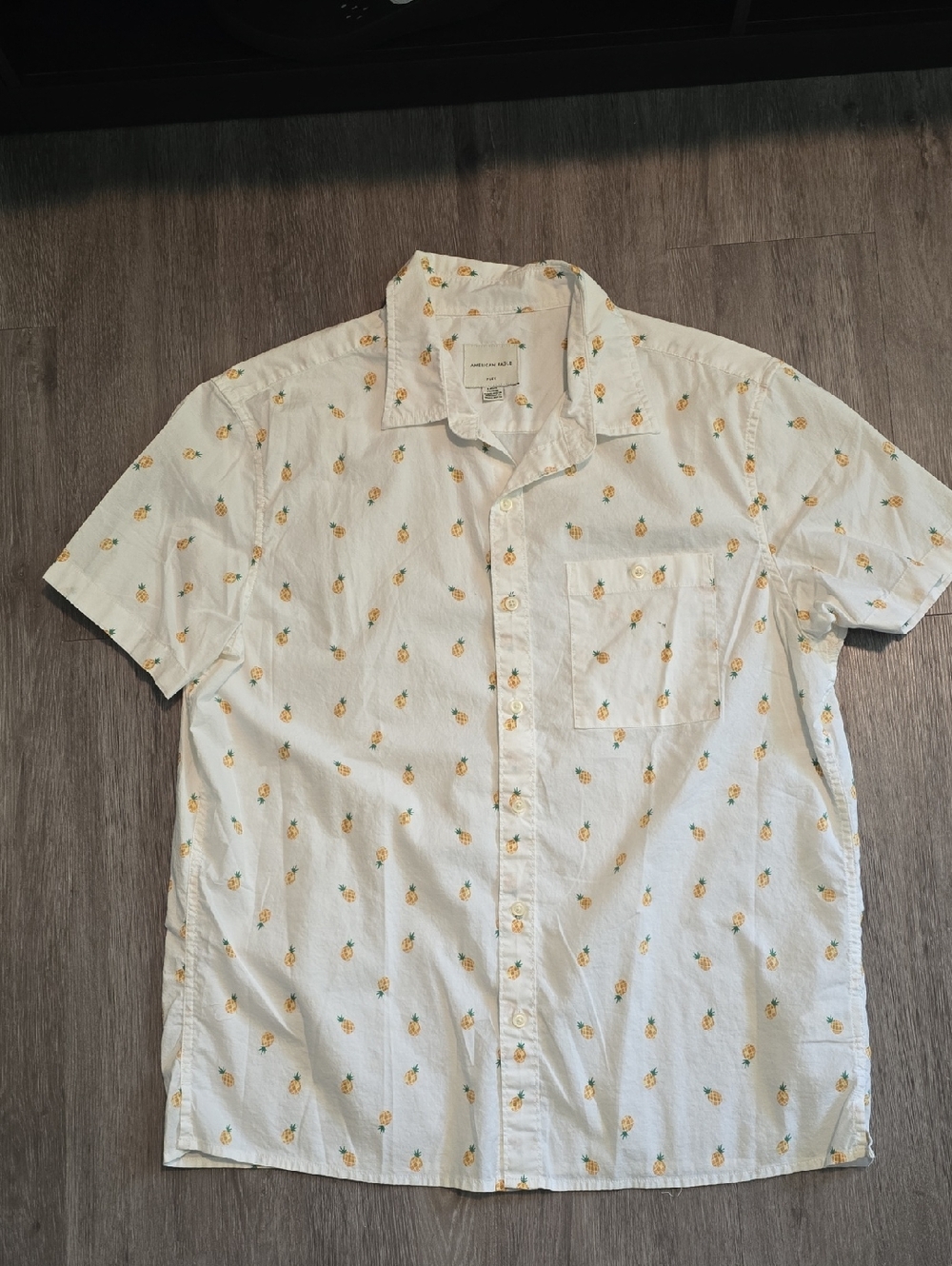 American Eagle Outfitters White Short-Sleeve Pineapple Button-Down Shirt